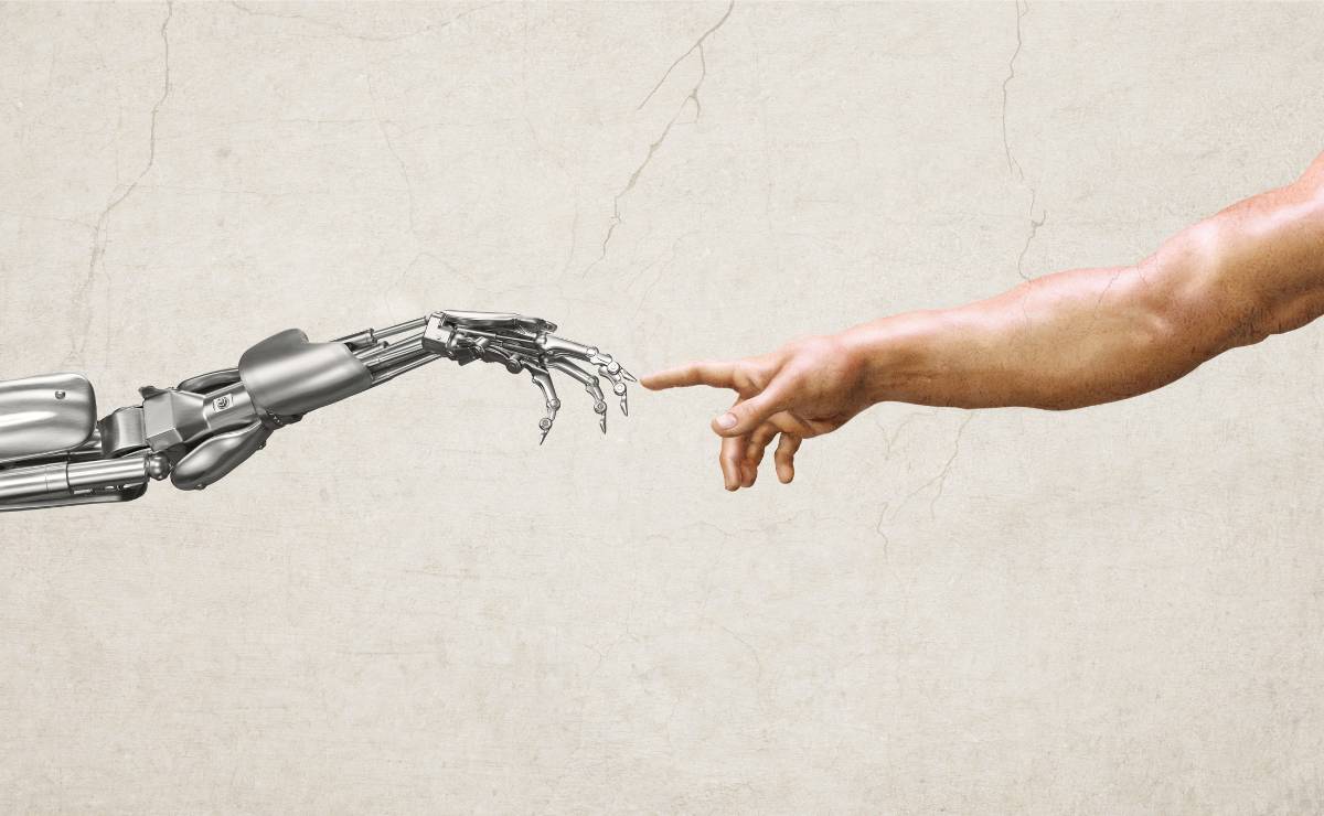 Abgeändertes Bild von der "Gott und Adam" Malerei mit einem menschen Arm und einem Roboterarm.ac